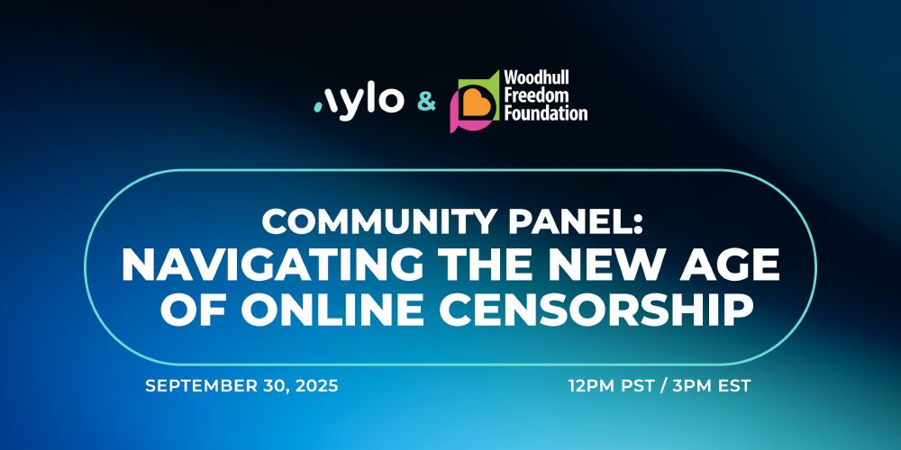 A promotional graphic with a dark blue gradient background announces an online event. At the top are the logos of Aylo and the Woodhull Freedom Foundation. Large white bold text in the center reads: “Community Panel: Navigating the New Age of Online Censorship.” Below, smaller text states: “September 30, 2025 – 12 PM PST / 3 PM EST.” The design uses clean modern fonts with a glowing border around the main title.