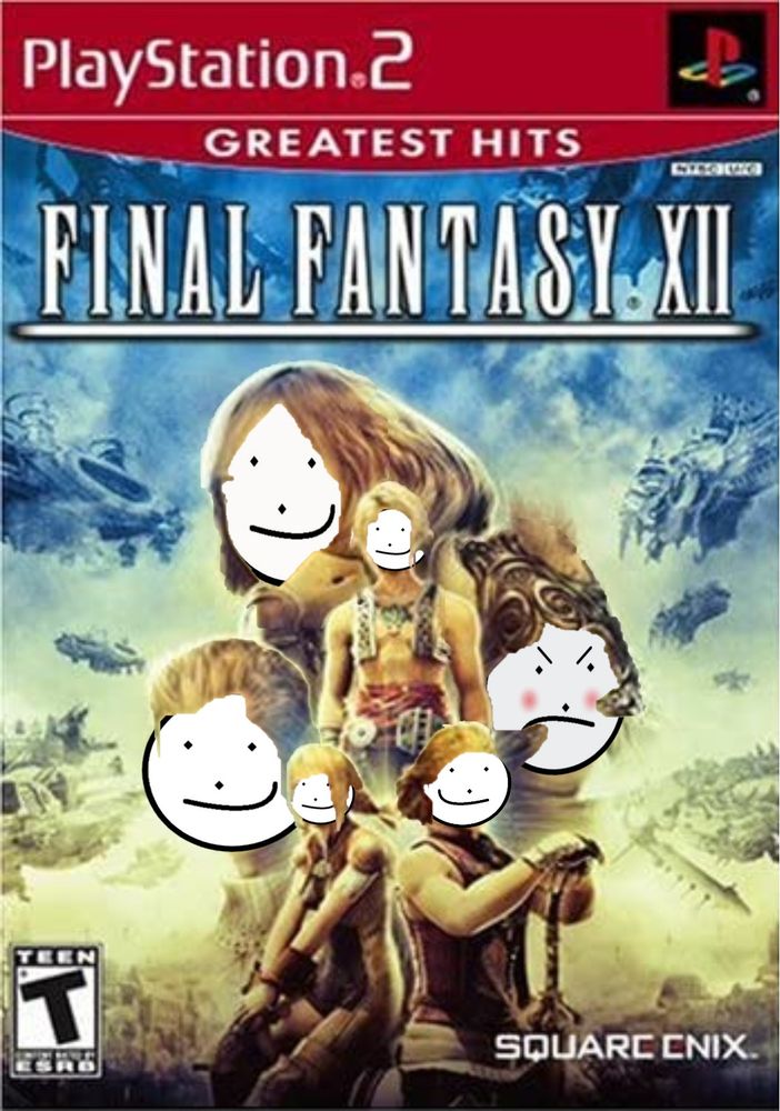 The cover art of Final Fantasy XII (Greatest Hits), which is to say many characters in a bundle together in the center (similar to a movie poster) over a background that shows a cityscape at the bottom and airships in the sky, where all the characters' faces have been replaced with stick figure faces.  Text reads "PlayStation 2" at the top with the PlayStation logo and "GREATEST HITS" below that, all in a red band.  Below, over the image is "FINAL FANTASY XII" in a classic FF Font.  At the bottom left, the ESRB "T" Rating and in the bottom right the logo for SQUARE ENIX.