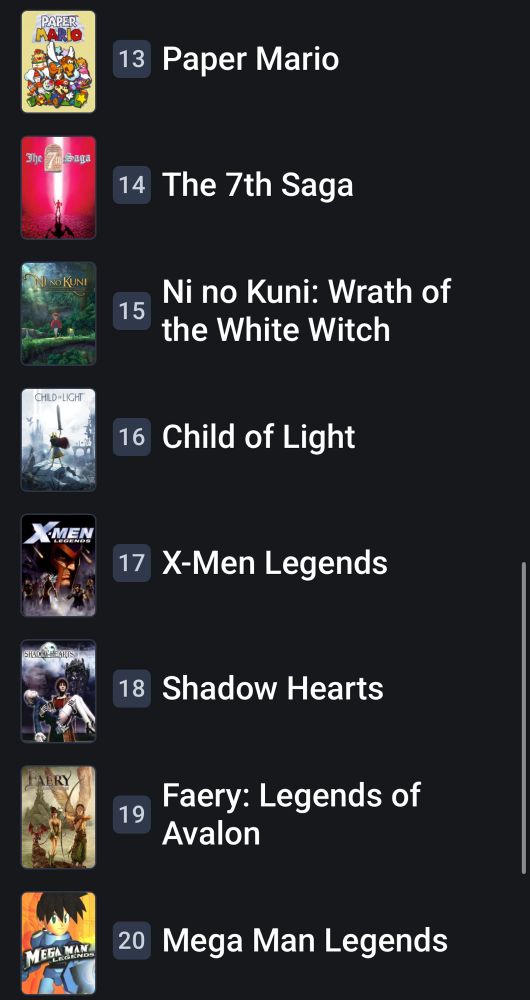 A ranked list of video games with accompanying box art. The list reads: 

“13 - Paper Mario
14 - The 7th Saga
15 - Ni no Kuni: Wrath of the White Witch
16 - Child of Light
17 - X-Men Legends
18 - Shadow Hearts
19 - Faery: Legends of Avalon
20 - Mega Man Legends