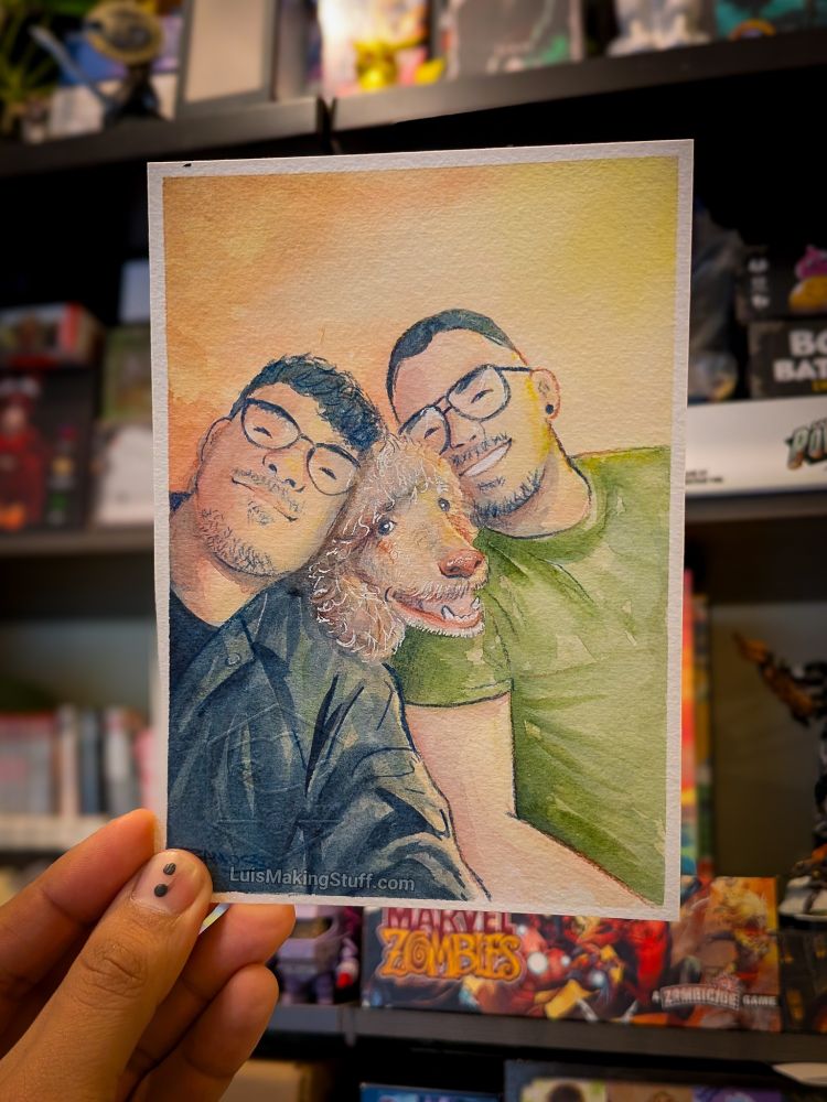 Watercolor painting of myself with my partner and our dog