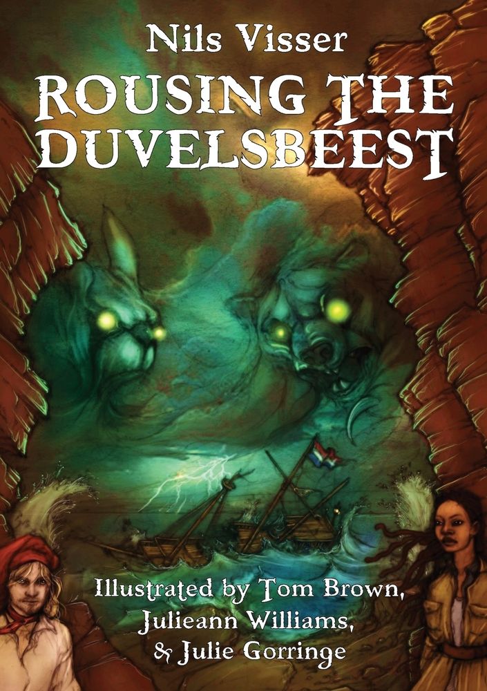Book cover for Nils Visser's "Rousing the Duvelsbeest" showing cliffs on a stormy coast and a sinking East Indiaman. There's a young man in 17th century sailor's garb, a woman in modern clothes, and two strange creatures, the faces of which peer menacingly down from the clouds.
