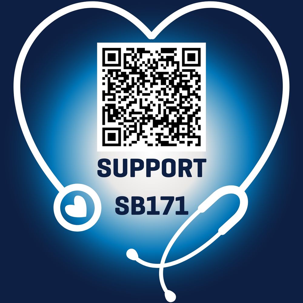 A blue background with a white circle gradient in the middle. At the center, there is a QR code that links to https://www.leg.state.nv.us/App/NELIS/REL/83rd2025/Bill/12189/Overview. There is blue text in all caps that says "SUPPORT SB171". There is a white stethoscope in the shape of a heart surrounding the text and QR code.