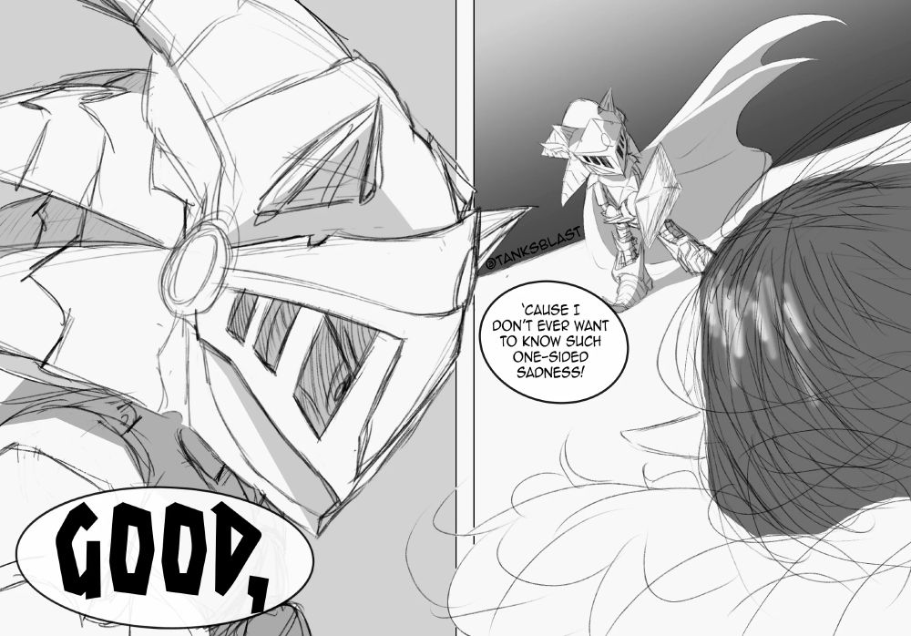 Sonic the Hedgehog in his knight outfit from the game 'Sonic and the Black Knight' fight squares off against Merlina saying "Good, 'cause I don't ever want to know such one-sided sadness!"