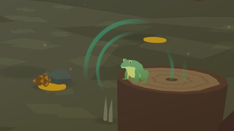 A frog sitting on a log in Donut County, which is not a video game about frogs at all. He looks lost.