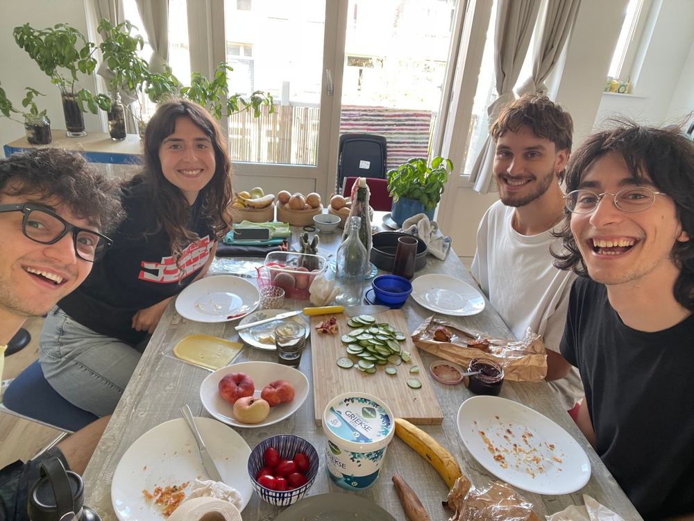Selfie of the four of us having a very rich breakfast