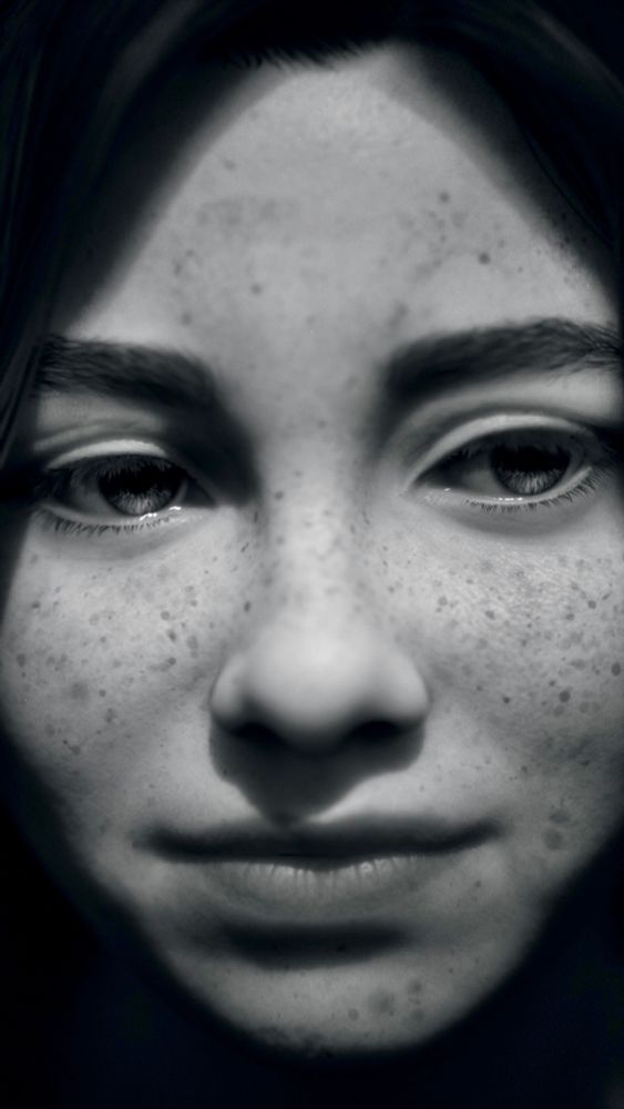 A very close up black and white portrait of Swann from the game Lost Records: Bloom & Rage.