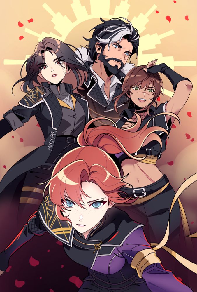 Fan illustration of the game Clair Obscur: Expedition 33, featuring Maelle at the front, Lune and Sciel at the sides, and Verso at the back.