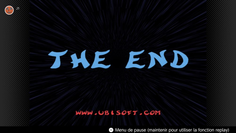Une screenshot de Rayman 2, on peut y voir écrit "The End" ainsi qu'un lien vers le site d'Ubisoft