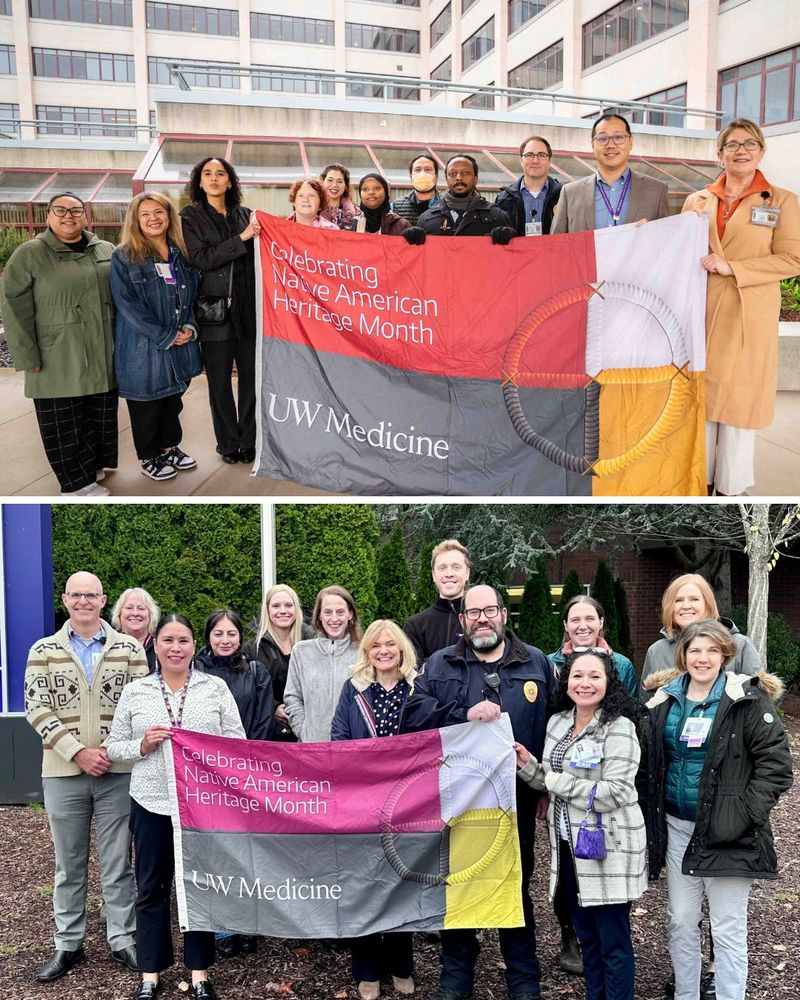 A collage image for two photos of groups of people gathered behind a large flag that reads: Celebrating Native American Heritage Month UW Medicine. The flag depicts a medicine wheel, and red, white, yellow and black colors. 