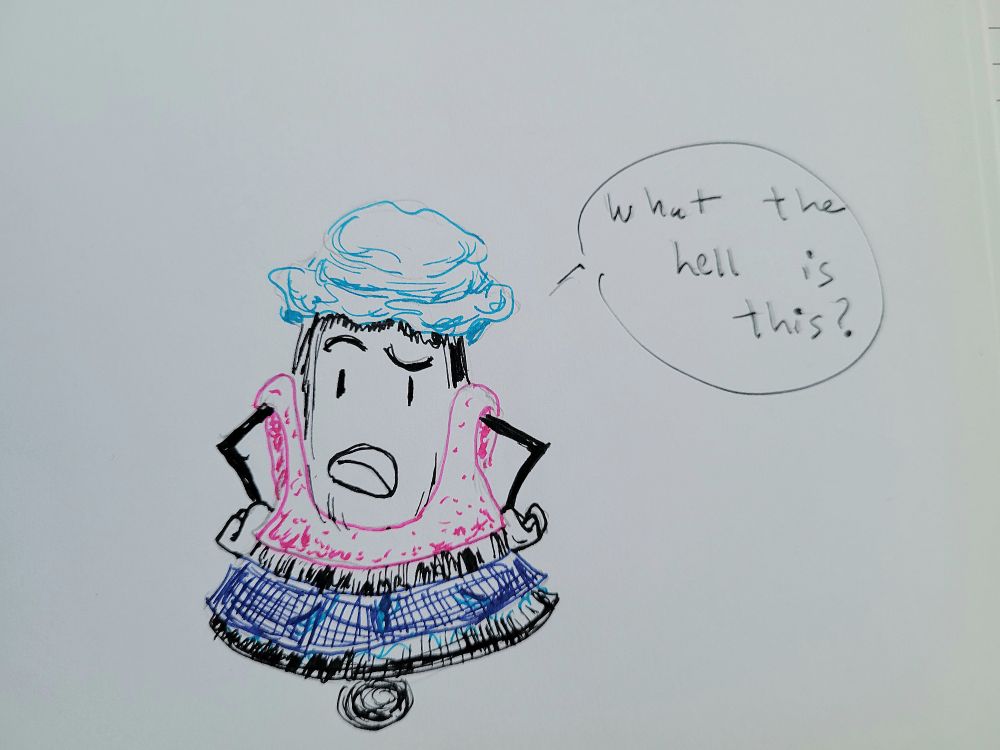1 medium clothed bell. I totally overworked this one, but it's supposed to be a bell wearing a baby blue bucket hat, hot pink crop top, and denim mini skirt. It's asking "what the hell is this?" In reference to itself.