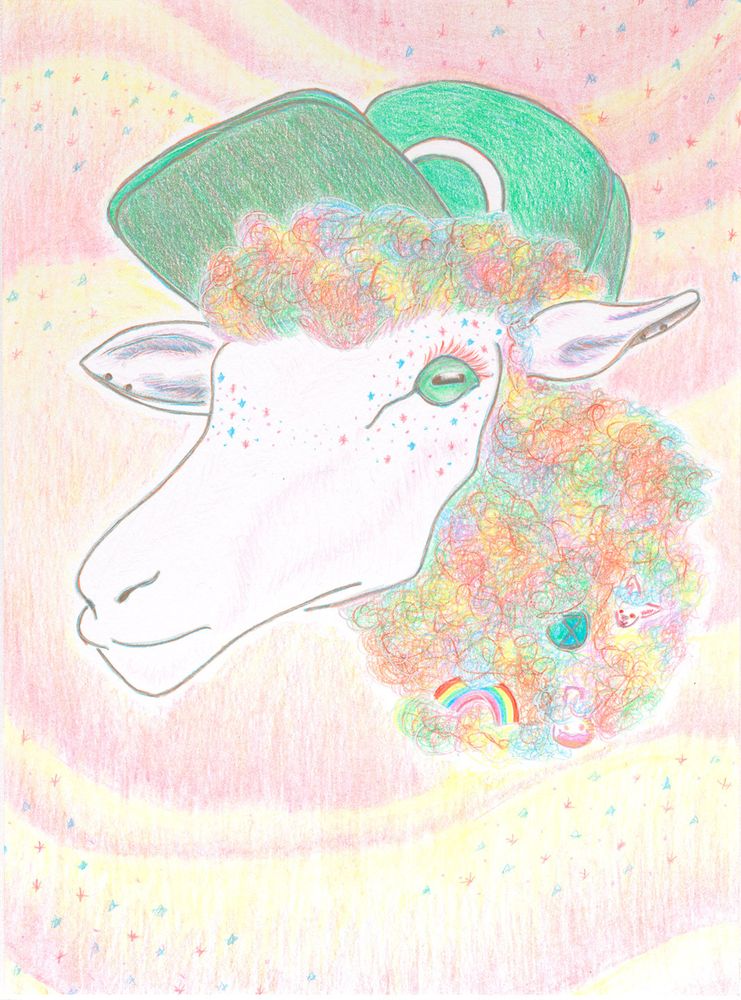 A white sheep with green eyes and rainbow wooly fur. It is wearing a green hat, and it has two stud earrings on each ear. Inside the fur around the neck are buttons that look like enamel pins: a rainbow, an X inside a circle, an Erlenmeyer flask with purple liquid, and a white rabbit. The background is swirls of pale pink and yellow.