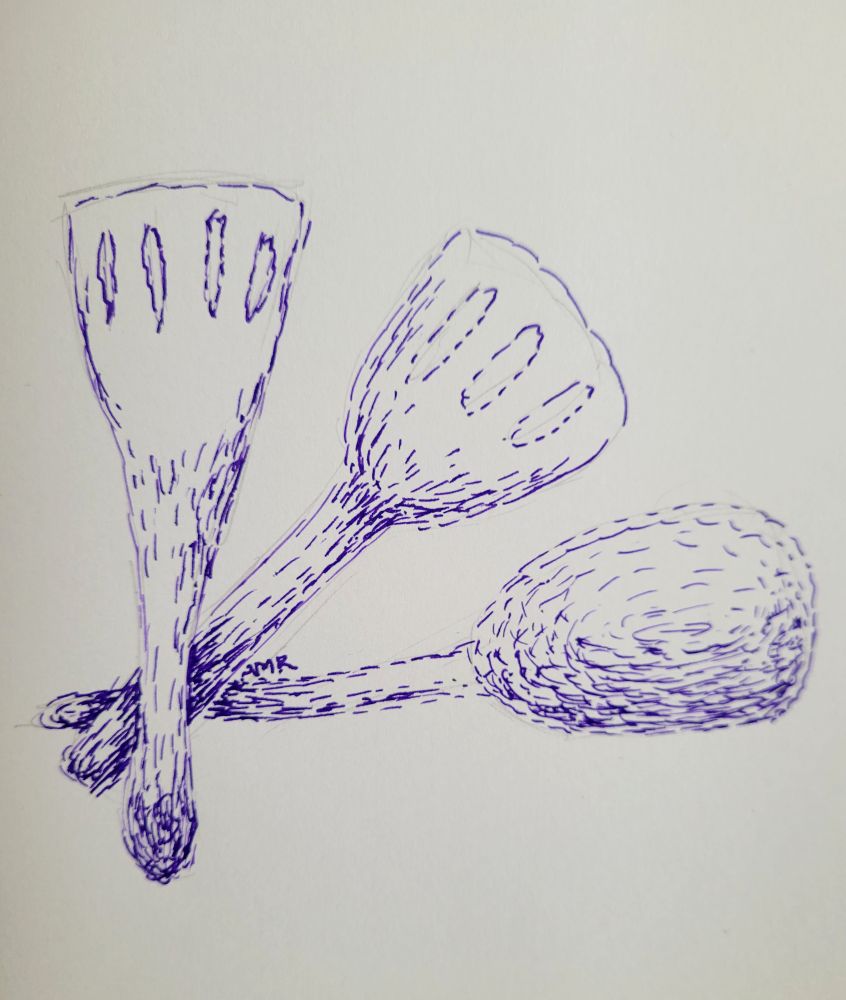 Drawing in purple ink of three spatulas fanned out to show their different shapes 