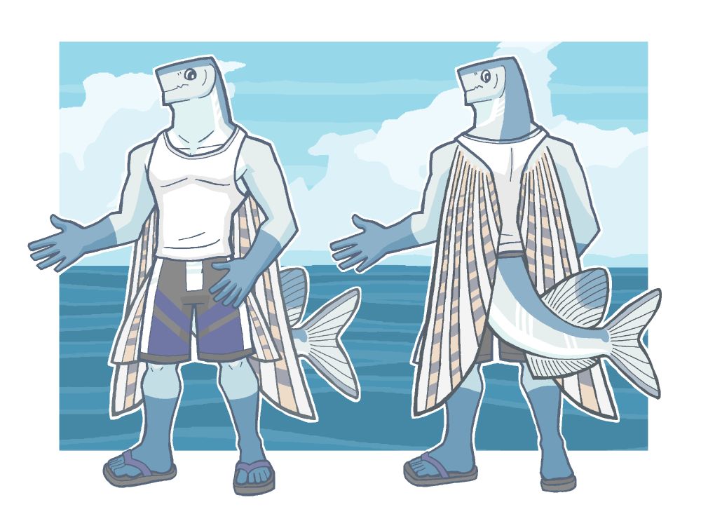 Blue Sailtail Flying fish Ref With sleeveless shirt board shorts and sandals.