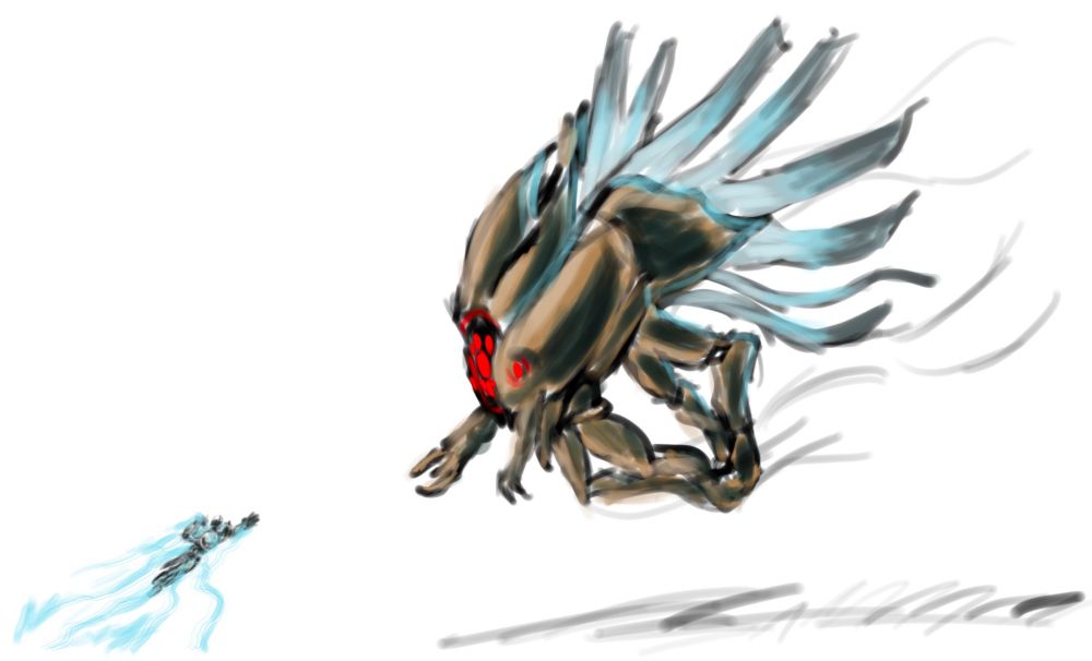 Key sketch of a Titan thunder crashing towards a flying Griffin. 