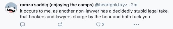Screenshot of Bluesky post from "ramza saddiq (enjoying the camps)" @heartgold.xyz with avatar of a shark:

It occurs to me, as another non-lawyer has a decidedly stupid legal take, that hookers and lawyers charge by the hour and both fuck you