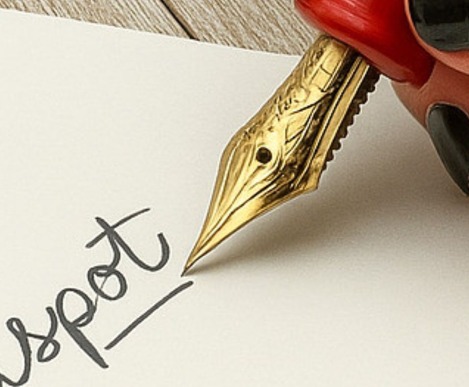 Zoom in on an computer generated fake picture of a fountain pen nib and some writing on paper. Nib is deformed with no slit, the pen body is melting, and the cursive in the word "spot" is weird with a tiny thin line through the 'o'. A bit of wood grain table shows in the back, and fingers with black nail polish.