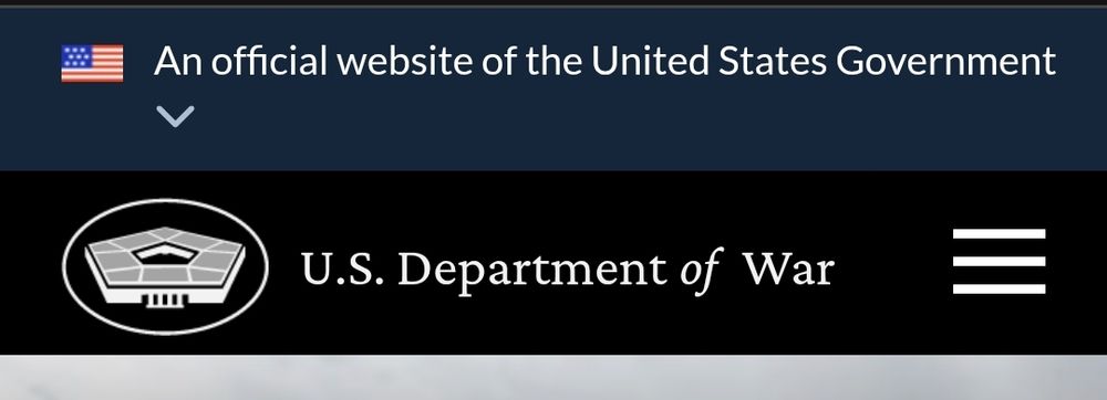 Screenshot of 'U.S. Department of War" page header. From left to right thd logo (pentagon building in an oval), the department name, and hamburger menu. White text on black background. 