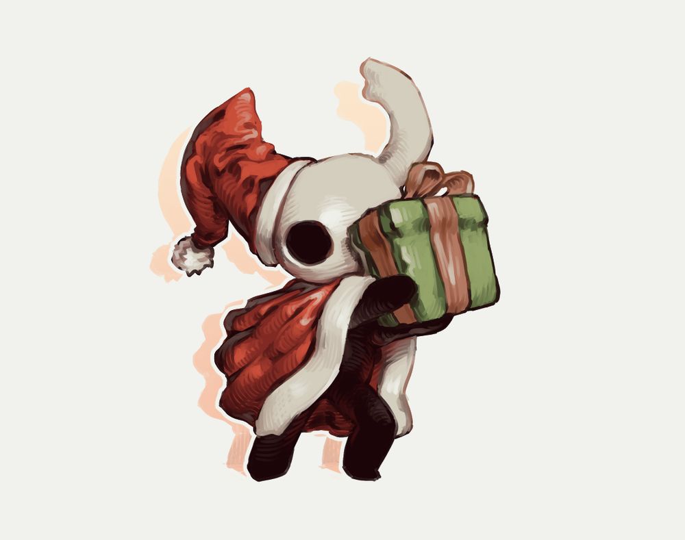 The knight from Hollow Knight in festive Christmas clothes holding a present