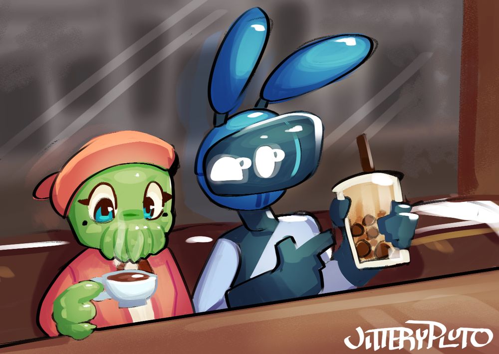 Folly, an uwulu and Slurp, a blue robot rabbit at a cafe, Slurp is telling Folly about how great boba tea is, while Folly looks down at her boring regular tea WITH NO BOBA PEARLS. 