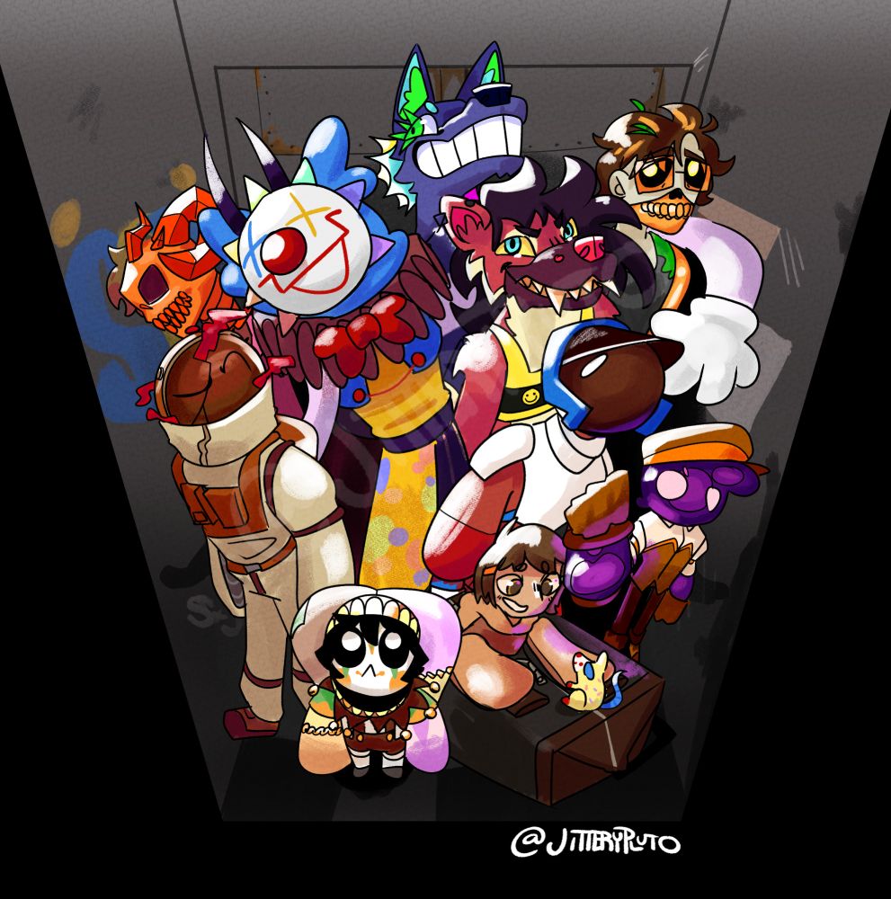 Elevator with a bunch of Spicypineapplejuice's and jitterypluto's artfight characters
