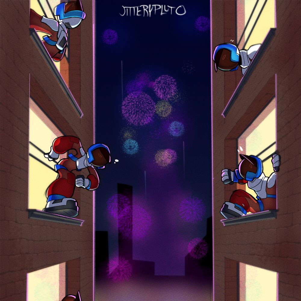 Multiple of my character Pluto climbing out windows with fireworks in background