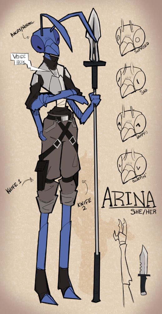 A character sheet for a tall bodyguard ant with a spear.