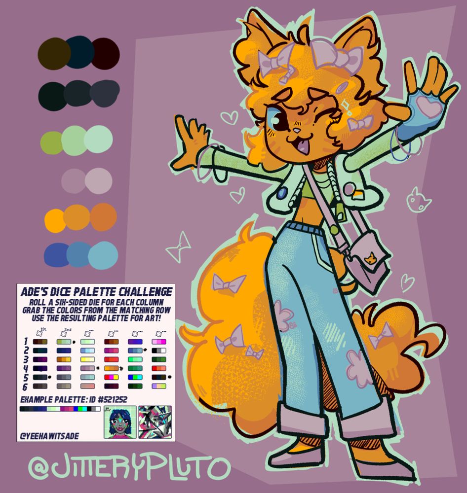 Poppy, orange anthro cat with pink bows everywhere and light green/blue clothes.