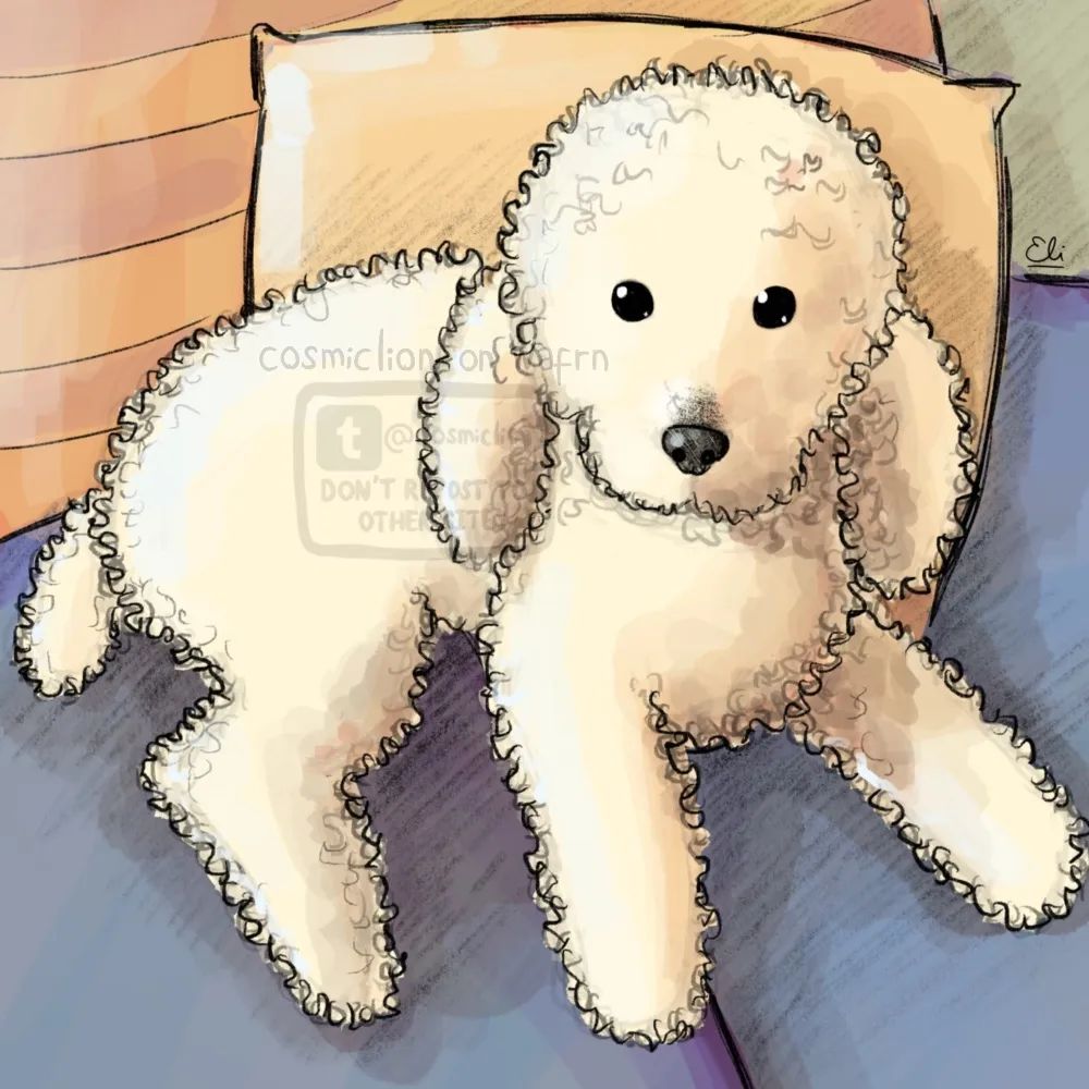 Digital fully rendered illustration of a white miniature poodle. She is lying on a greyish blue couch looking at the viewer. There are two orange cushions behind her.