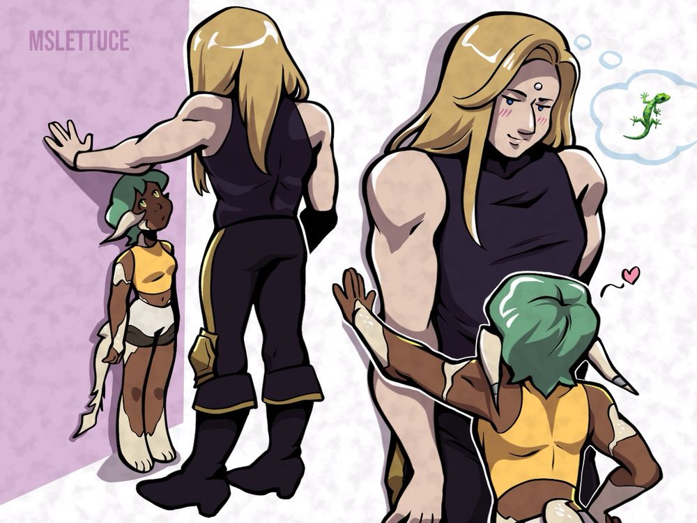 Two images with Zenos and my wol. One is Zenos towering over WoL as she looks up at him. The other is WoL with her hand on the wall, closing Zenos against the wall. She looks down at her with a small smile.
