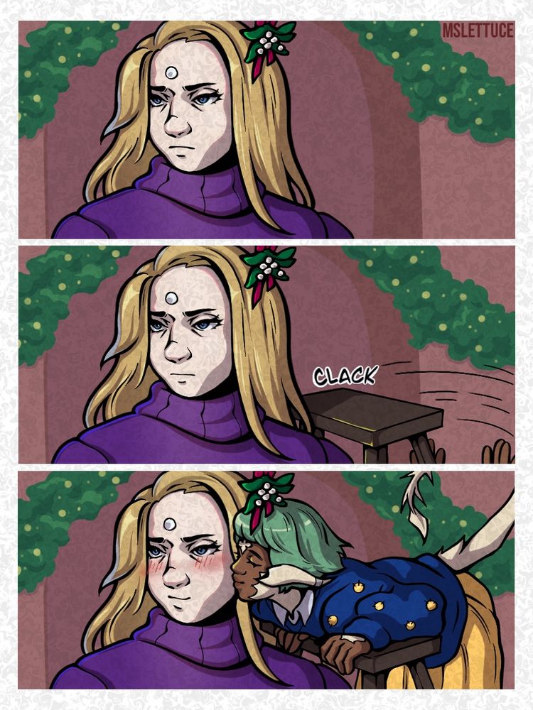 A three panel comic with no dialogue with Zenos and Vye, my WoL.
Panel 1: Zenos looks off to the left with a blank expression. Background is dark red with some greenery decorating the wall. Over his head is mistletoe.
Panel 2: Zenos has not changed. The top of a ladder is seen to the right of him, hands peaking from the bottom of the panel. A 'clack' sound effect is over the ladder .
Panel 3: Vye has climbed the latter, giving him a kiss. Zenos smiles and their is a blush on his face.