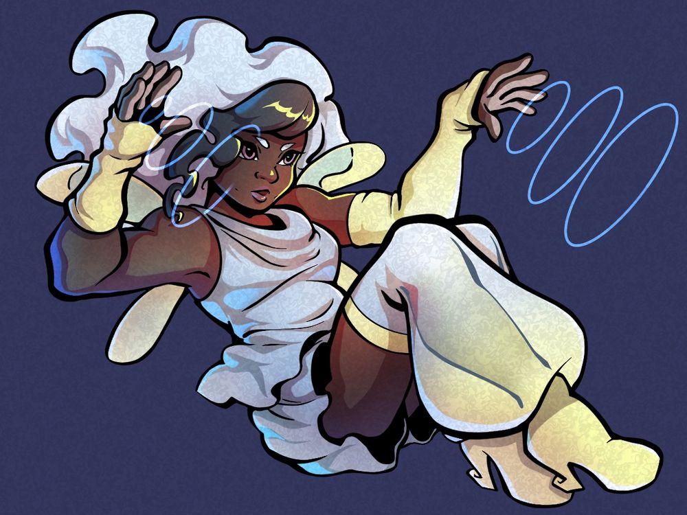 A blue haired fairy in a blue and yellow outfit against a blue backdrop. Light blue ovals radiate out of her hands.