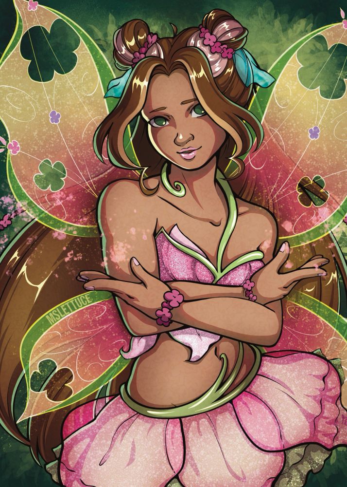 Flora in her believix transformation, her arms crossed with pink particles flowing from her hands, standing in front of a green backdrop.