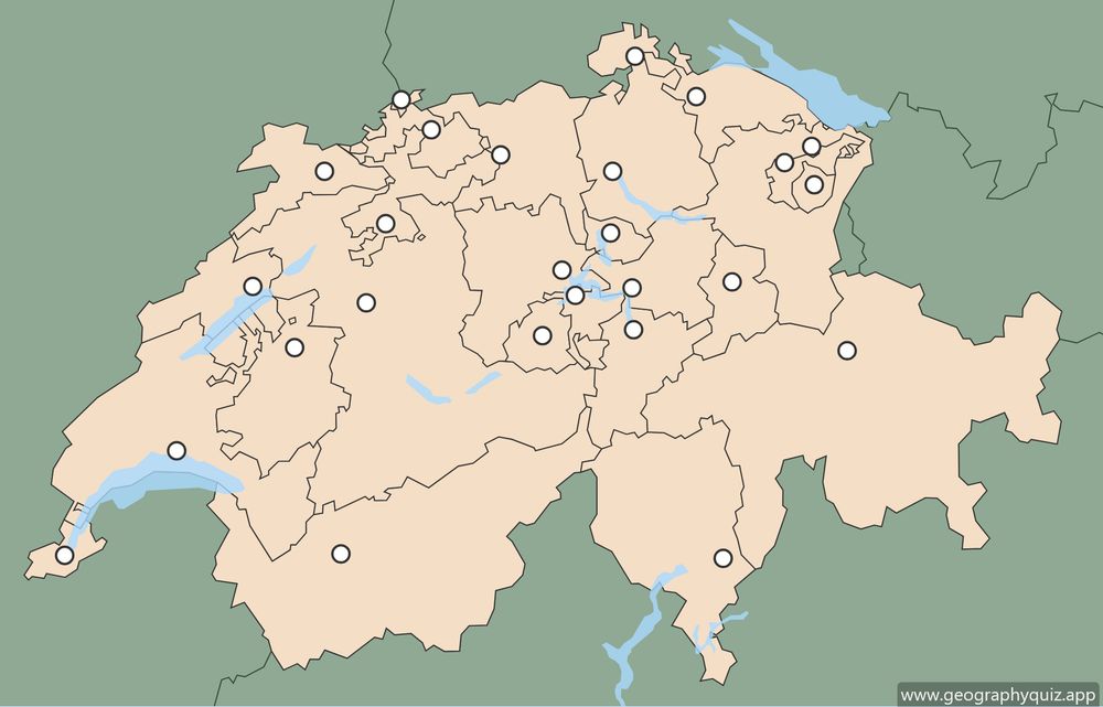 Map of Switzerland with white markers. The markers represent the capitals of the cantons.