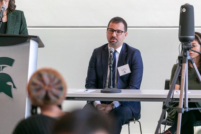 AAG Keith Underkoffler seated and speaking at the MSU 2025 Sustainability and Ethics Symposium 
