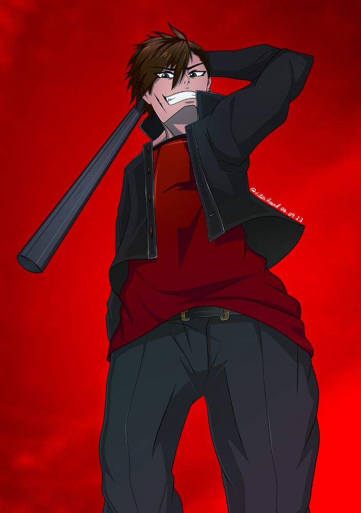 Lower perspective shot of a male delinquent named Shou, holding a baseball bat over their shoulder, whilst wearing a cocky grin in front of a bright red grungy background.
