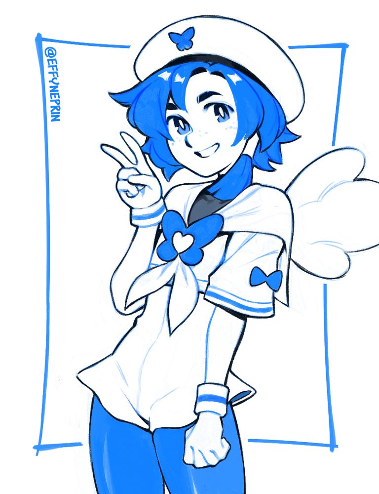 A drawing of Blue-tan, a mascot for Bluesky created and designed by Vertigris. She's wearing a white, sailor style uniform, with blue trim and butterfly motifs. She has short blue hair with a little side ponytail, and fluffy wings.