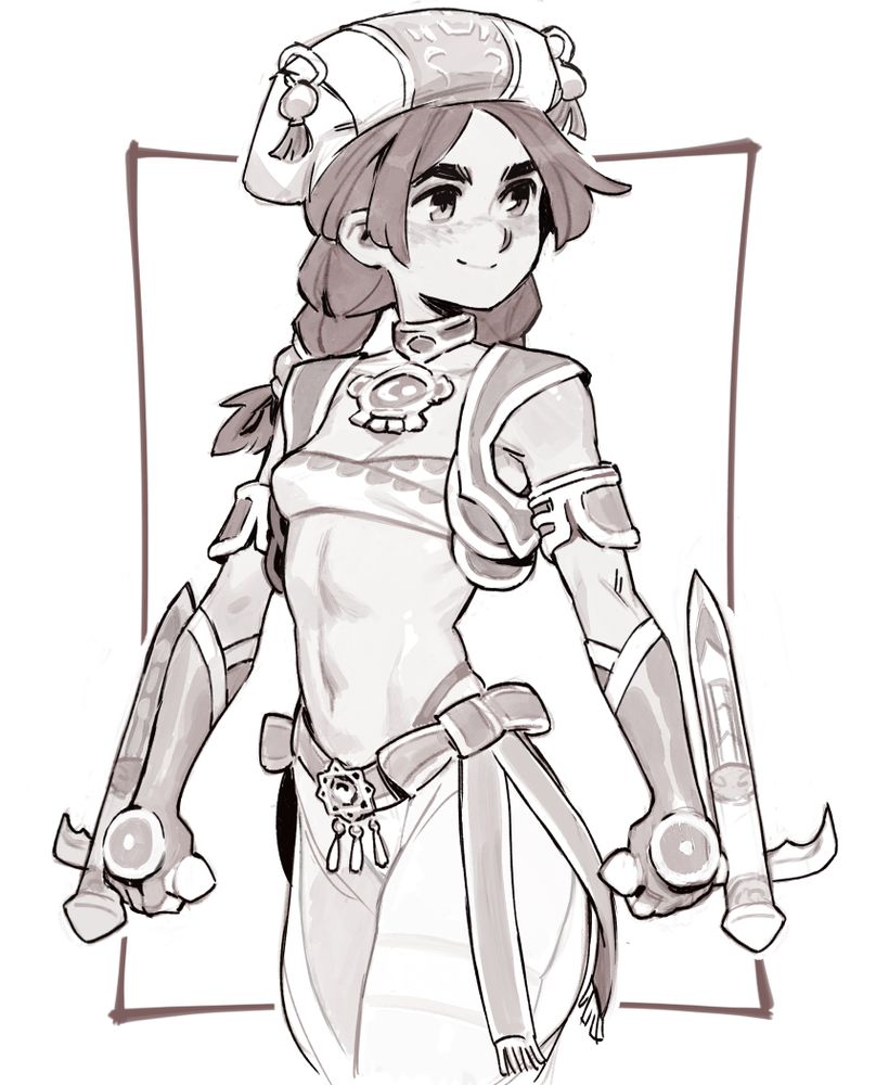 A drawing of Talim from the Soul Calibur games, wielding two batons.