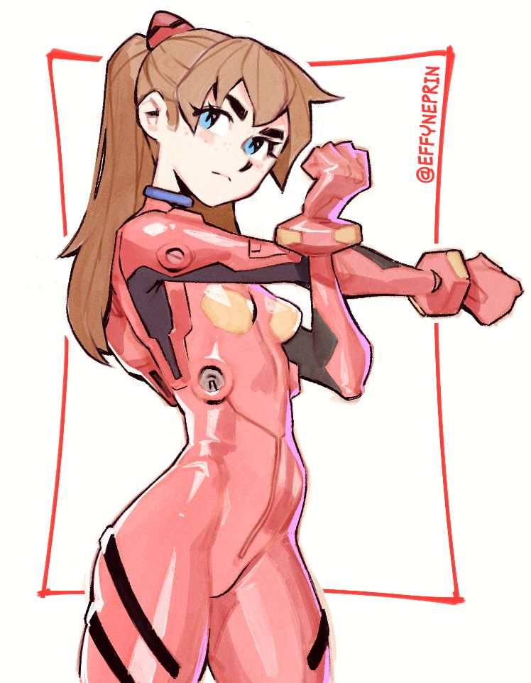 Asuka from Evangelion in her red plugsuit. She is stretching her right arm acorss her chest, using her left arm to pull it in. She is looking at the viewer.