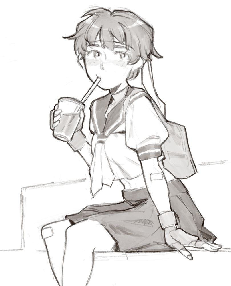 A sketch of Sakura Kasugano from Street Fighter. She is sat on something and leaning forward, her left hand rested by her side and her right hand holding a drink with a straw, which she is drinking from.

She's wearing her original uniform, with a backpack too. She has two small bandages on her knee and elbow.