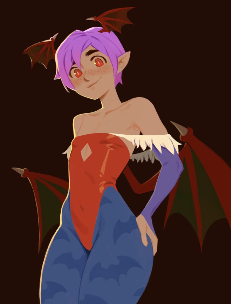 Art of Lilith from Darkstalkers. She is smiling and has her left hand rested on her wide hips.