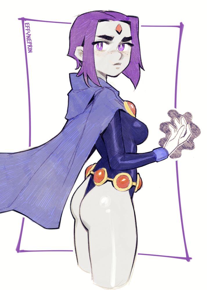 A sketch of Raven from DC's Titans. She has a dark magic aura around her right hand and she is looking over her shoulder at the viewer.