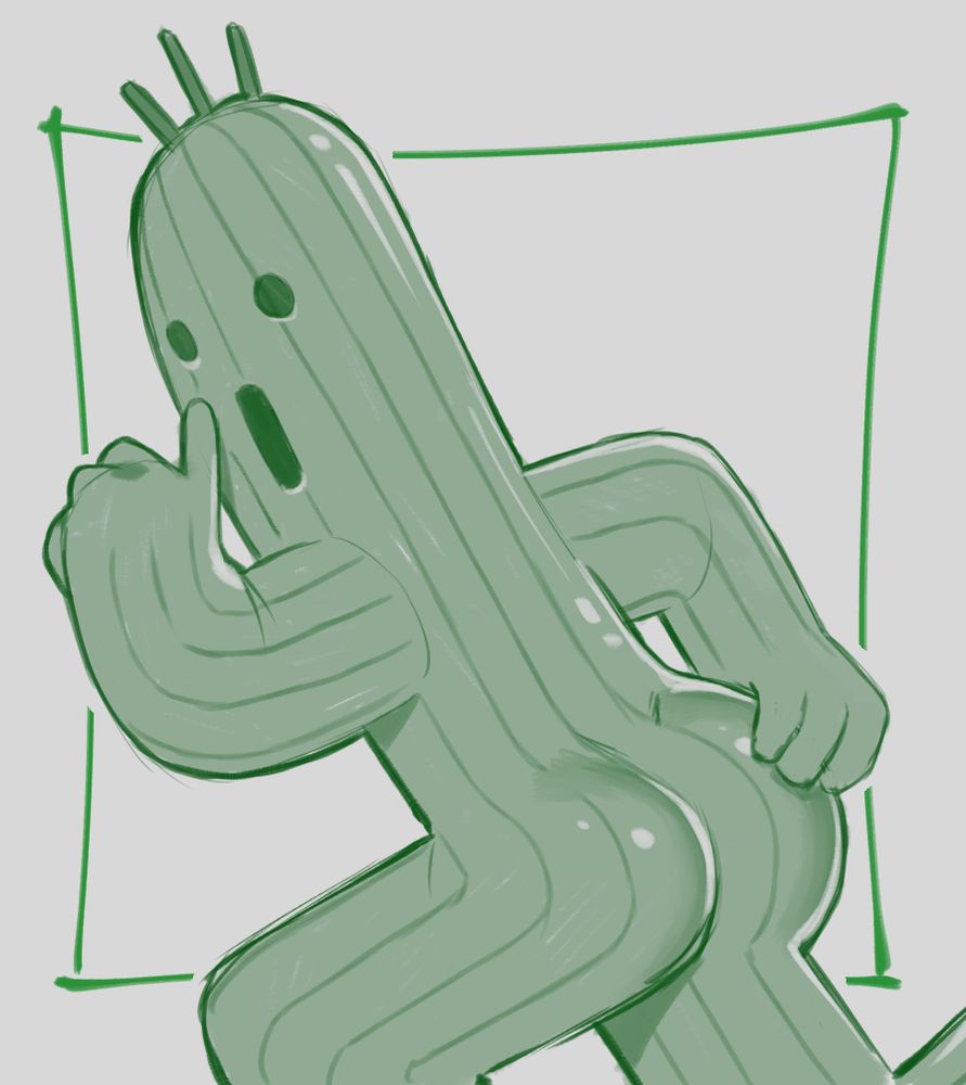 A drawing of a cactuar from the Final Fantasy games, looking over his shoulder at the viewer. His left hand is raised to his mouth with a raised pointer finger and his right hand is grabbing his own, bare butt. He is so caked up it's absurd.