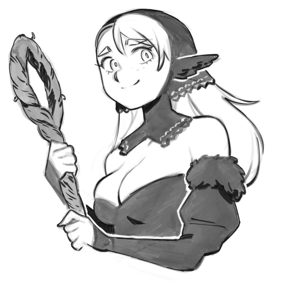 Sketch of Marcille from Dungeon Meshi holding a staff and smiling.