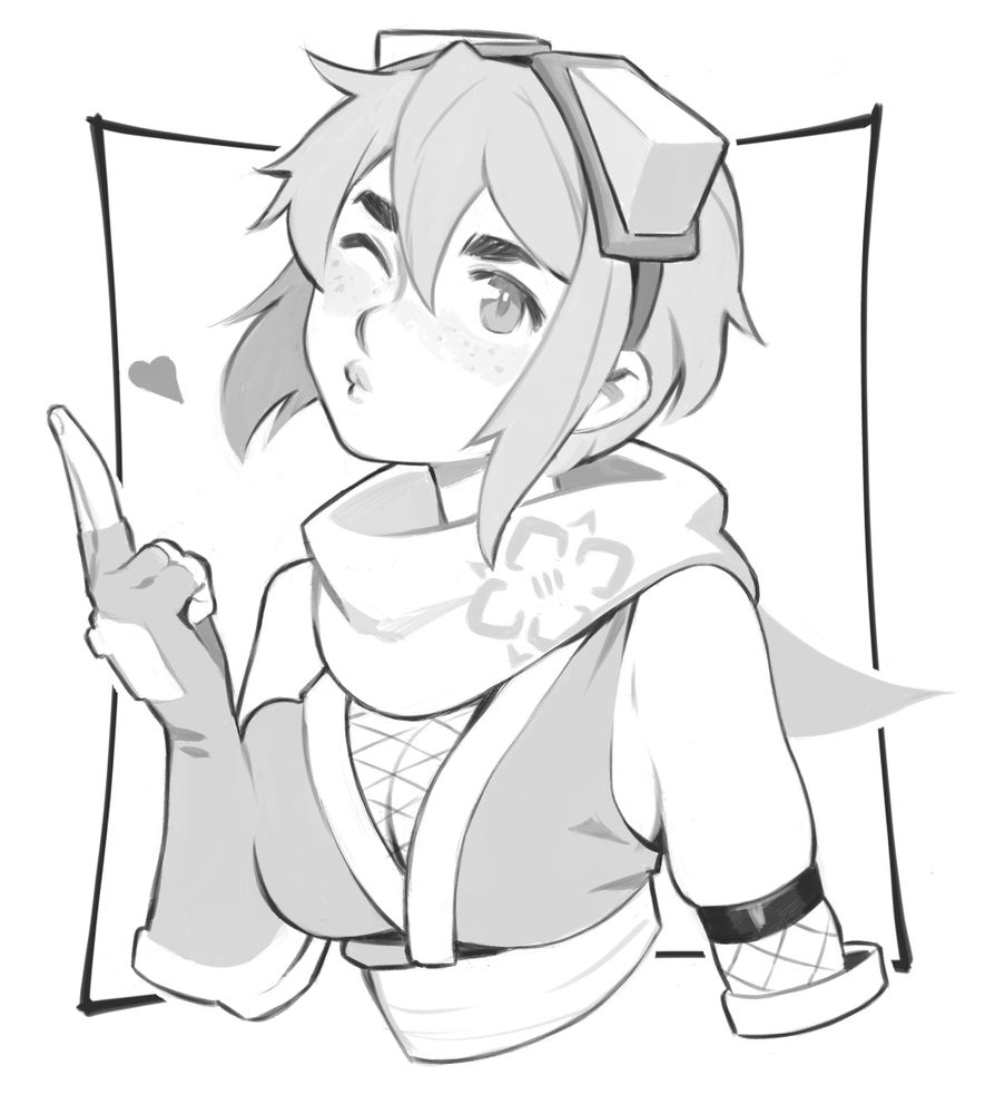 Drawing of a ninja girl named Izuna, blowing a kiss. She has short hair and is wearing some impractical goggles that are lifted up and sat upon the top of her head, and a big scarf with a flower motif on it.