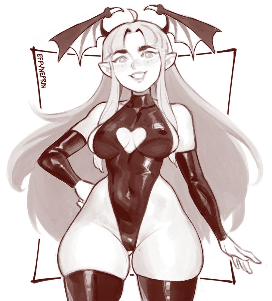 Morrigan Aensland, wearing a very tight latex body suit. Her large breasts are squished out of the sides. A heart shape is cut from the suit at her chest.

She has latex gloves and thigh highs on too. I played with proportions a little so she has very thick hips and thighs. I didn't have the energy to draw her wings so they are absent.