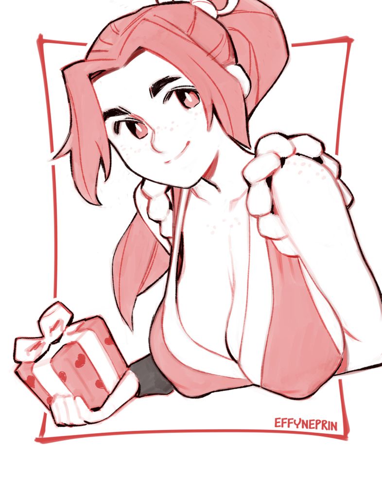 Mai Shiranui, leaning forward with her left arm tucked beneath her very large breasts. Her right hand is holding a small, wrapped gift.