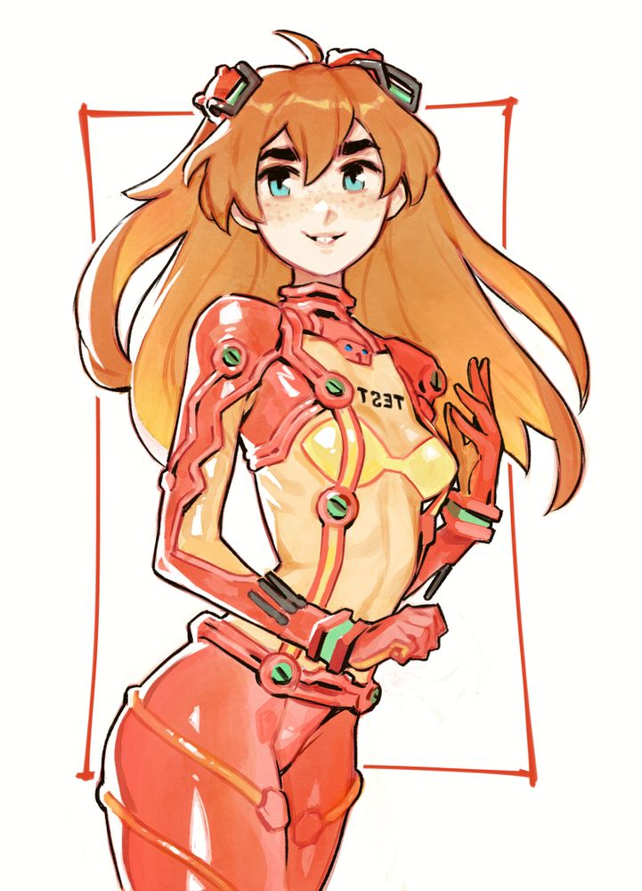 A colour illustration of Asuka from Neon Genesis Evangelion.