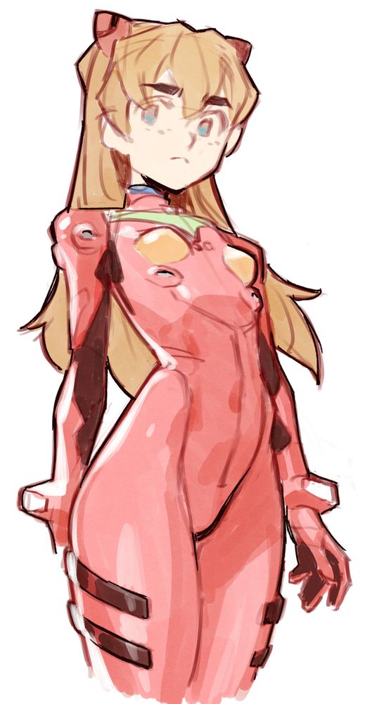 A sketch of Asuka from Evangelion. The view is from below, and hse is looking down at us. She's wearing her red plugsuit.
