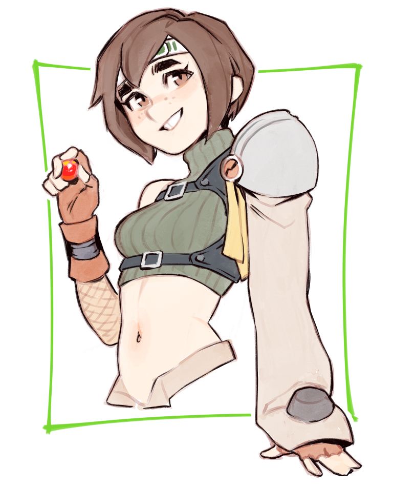 A sketch of Yuffie Kisaragi from Final Fantasy 7, holding a red materia in her right hand.