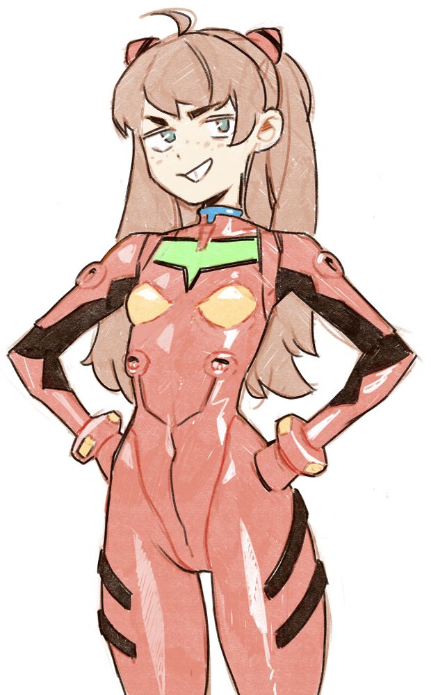 A sketch of Asuka from Evangelion in her red plugsuit, hands on her hips with a very cheeky expression, like she's planning something.